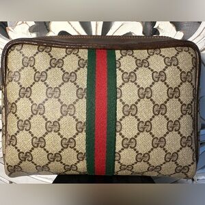 Gucci GG Supreme Web Stripe Cosmetic Pouch Clutch Vintage Brown + COA
